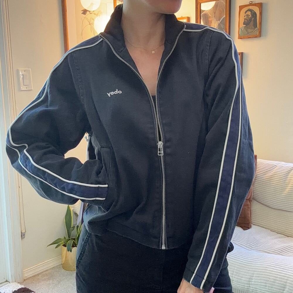 OBEY Astrid Stripe Denim Full Zip Track Jacket Blue XS NWT